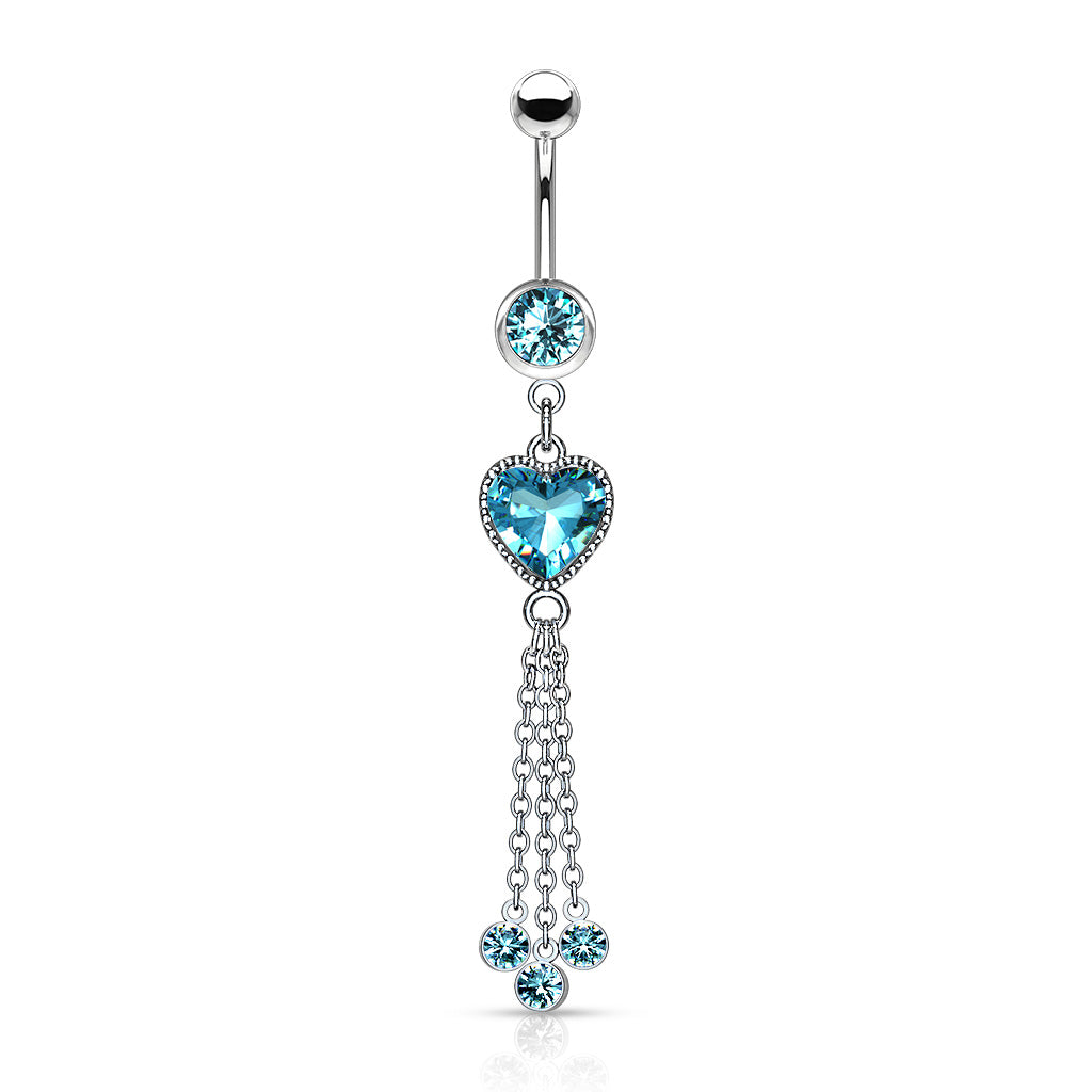 Heart CZ and Chains with CZ Dangle 316L Surgical Steel Belly Button Navel Rings