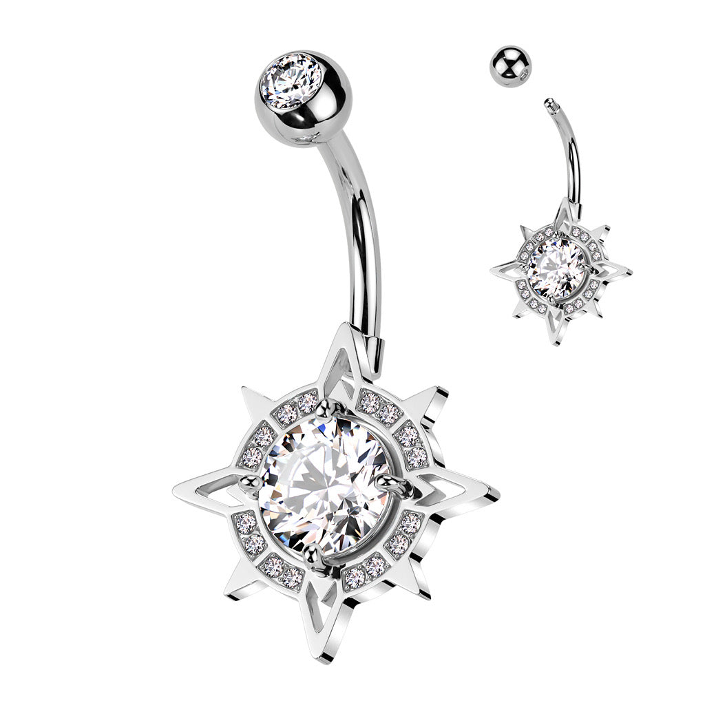 316L Surgical Steel CZ Center With CZ Edge Compass Belly Button Ring