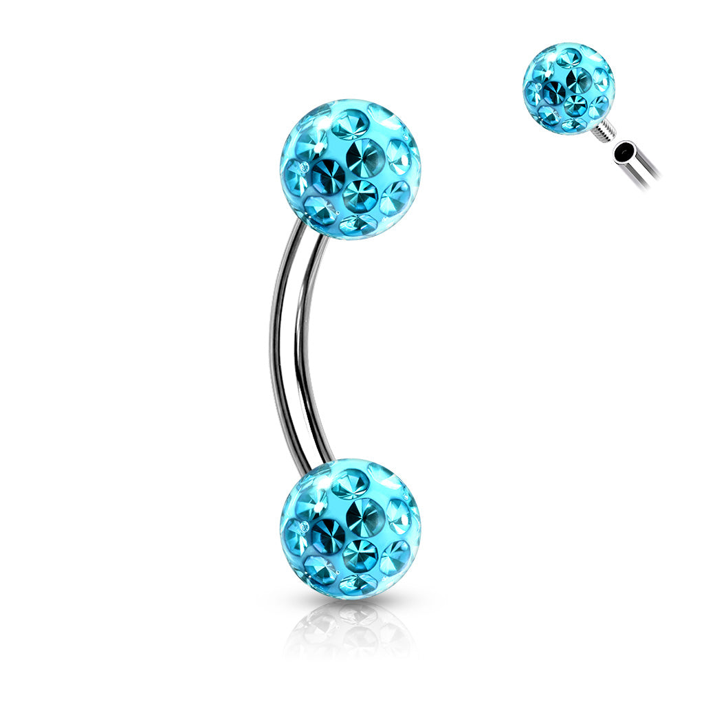 Internally Threaded 316L Surgical Steel Curved Eyebrow Barbells with Epoxy Covered Crystal Paved Balls