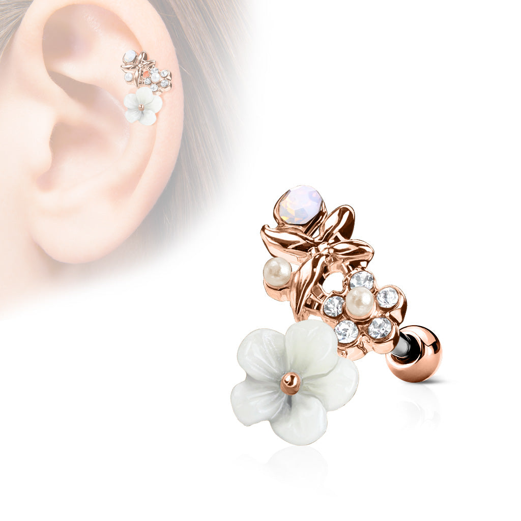 CZ and Clay Flowers Curve Top 316L Surgical Steel Ear Cartilage Barbell Studs