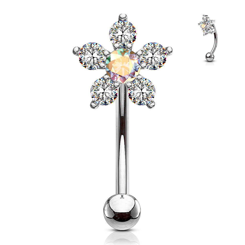 Double Tiered 6 CZ Flower 316L Surgical Steel Eyebrow Rings/ Curved Barbells