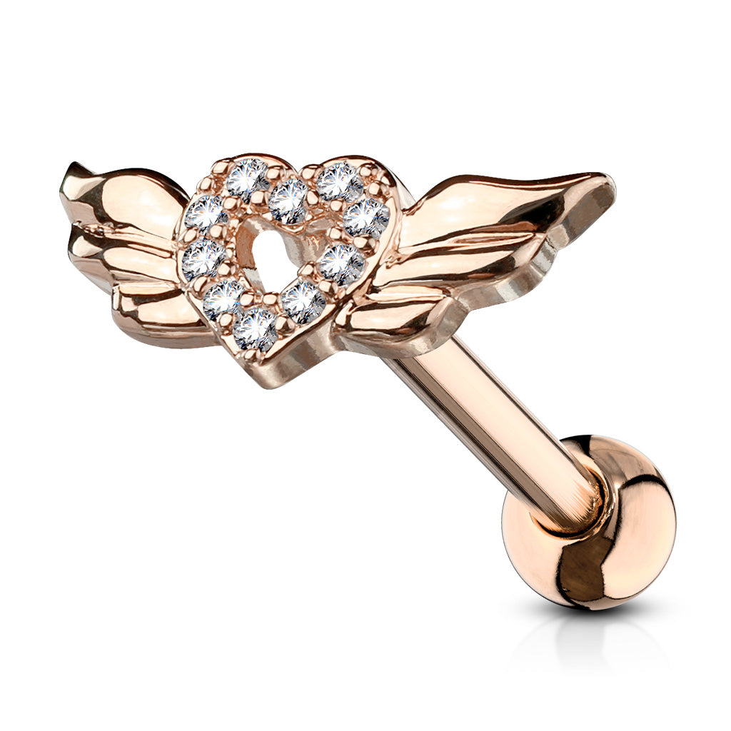 CZ Paved Heart with Wings 316L Surgical Steel Cartilage, Tragus Barbell Studs
