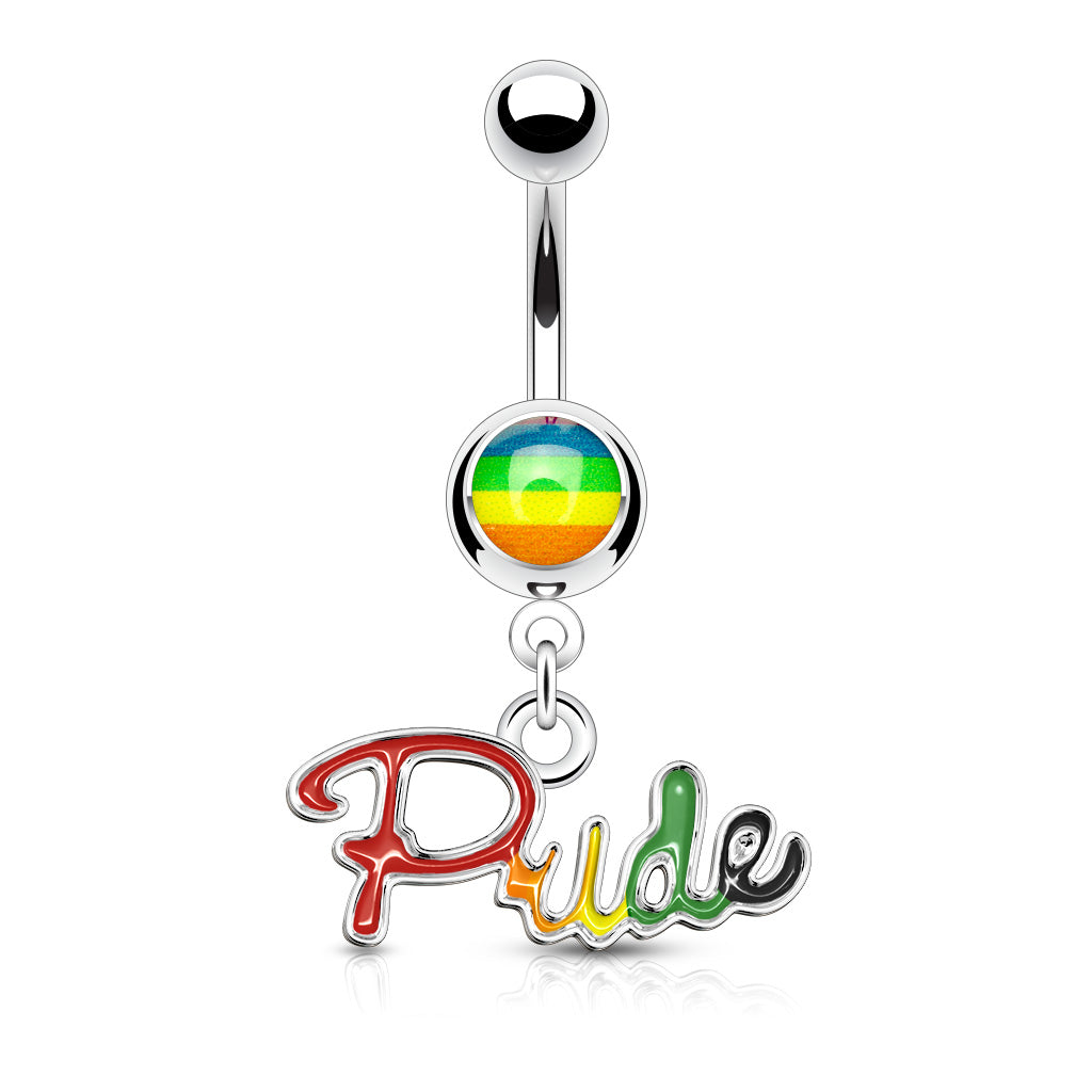 316L Surgical Steel Gay Pride Epoxy With 'PRIDE' Dangle Belly Button Ring