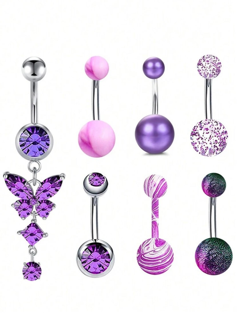 White Stone Butterfly & Cubic Zirconia Navel Ring Set Women Belly Piercing Jewelry