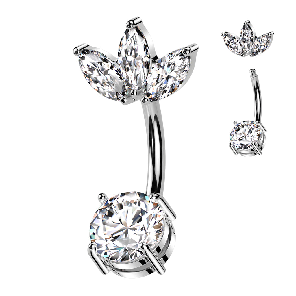 316L Surgical Steel Belly Ring With Prong Set CZ Bottom and 3 Marquise CZ Fan Top