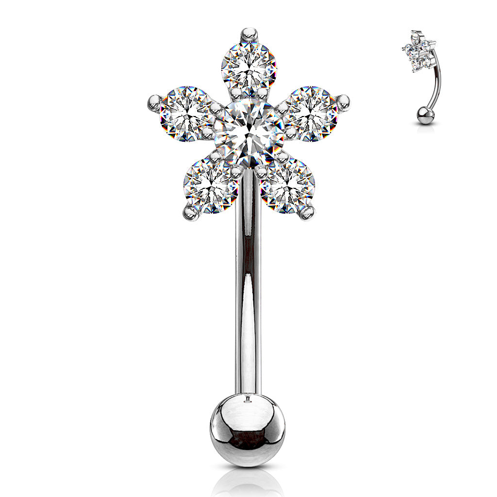 Double Tiered 6 CZ Flower 316L Surgical Steel Eyebrow Rings/ Curved Barbells
