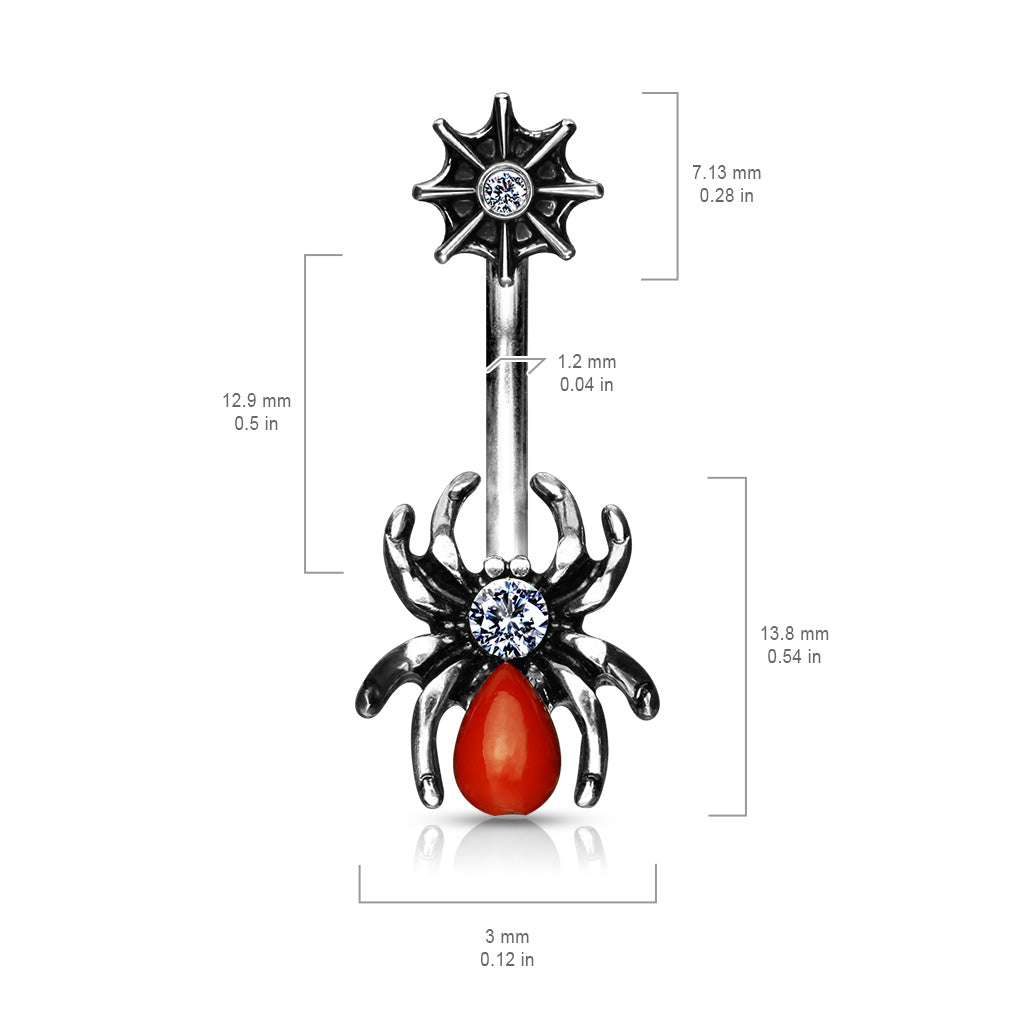 316L Surgical Steel Red Spider and Web With CZ Belly Button Ring