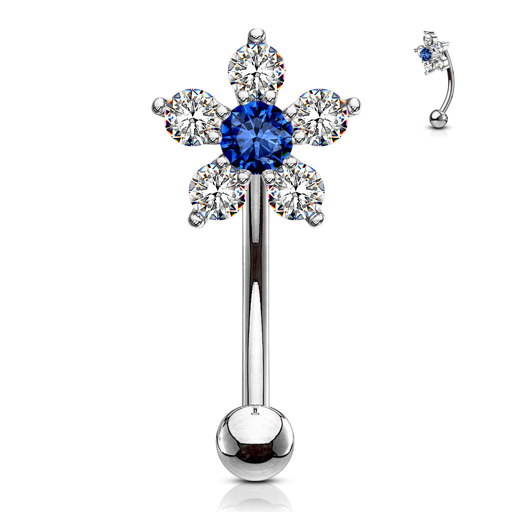Double Tiered 6 CZ Flower 316L Surgical Steel Eyebrow Rings/ Curved Barbells