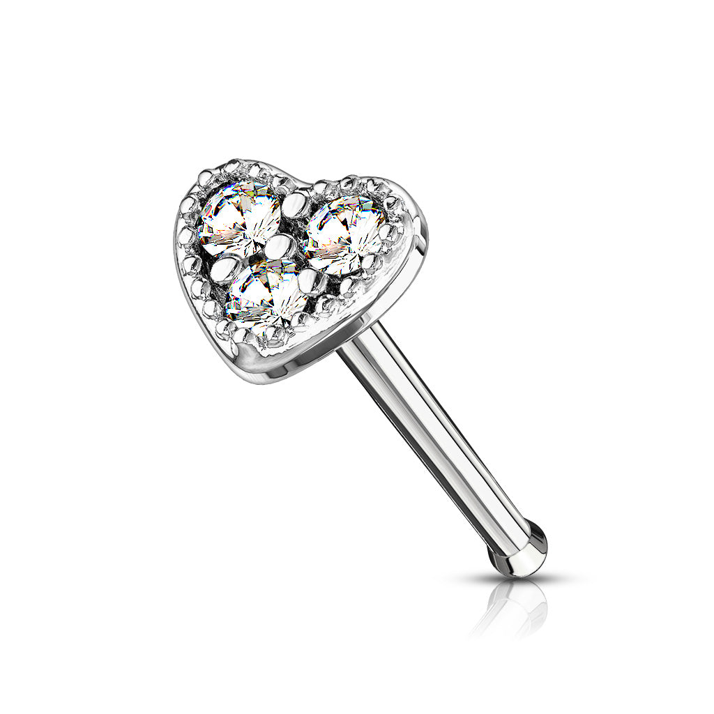 CZ Set Heart Top 316L Surgical Steel Nose Stud Rings