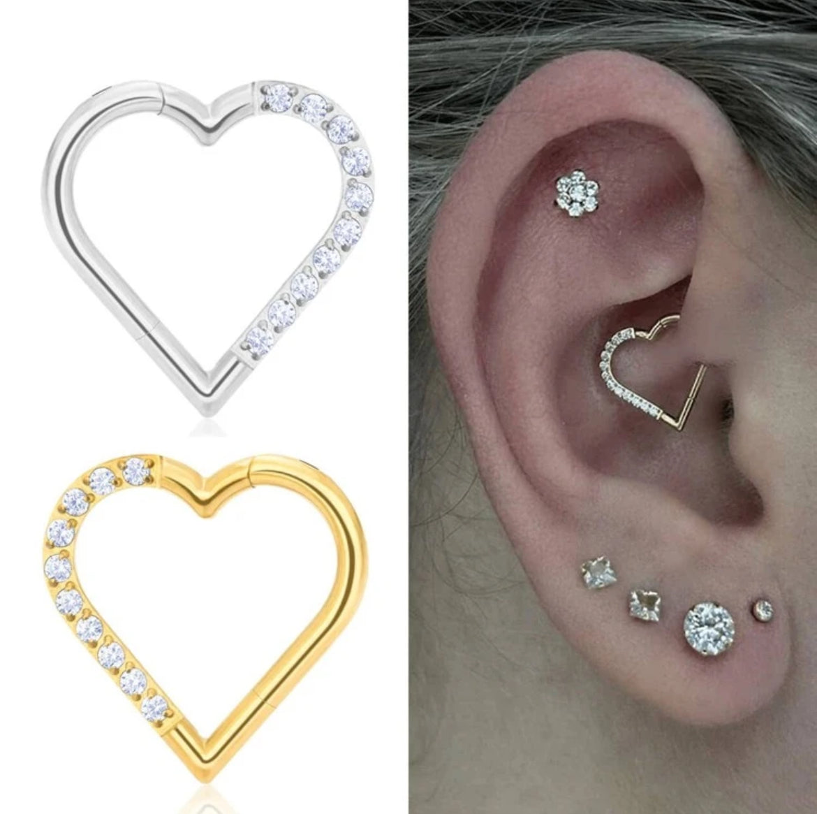 16G Nose Ring Rook Daith Piercing Hoop Earrings Heart Zirconia Clicker Ear Cartilage Tragus Jewelry For Women Girls Valentines,Mom,Mother,Mother's Day,Gift