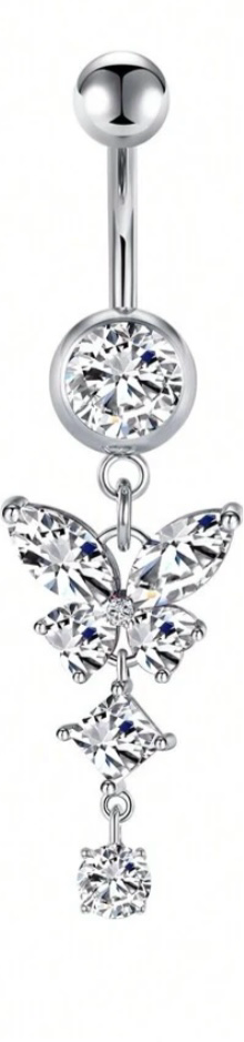 White Stone Butterfly & Cubic Zirconia Navel Ring Set Women Belly Piercing Jewelry