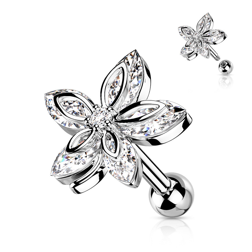 5 Marquise CZ Flower Top 316L Surgical Steel Cartilage, Tragus Barbell Studs