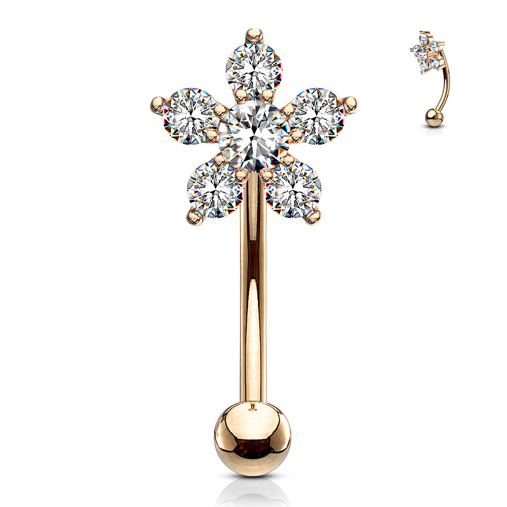 Double Tiered 6 CZ Flower 316L Surgical Steel Eyebrow Rings/ Curved Barbells