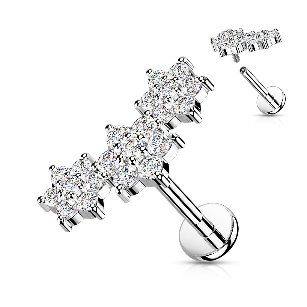 Triple CZ Flower Cluster Top on Internally Threaded 316L Surgical Steel Flat Back Studs for Labret, Monroe, Cartilage and More