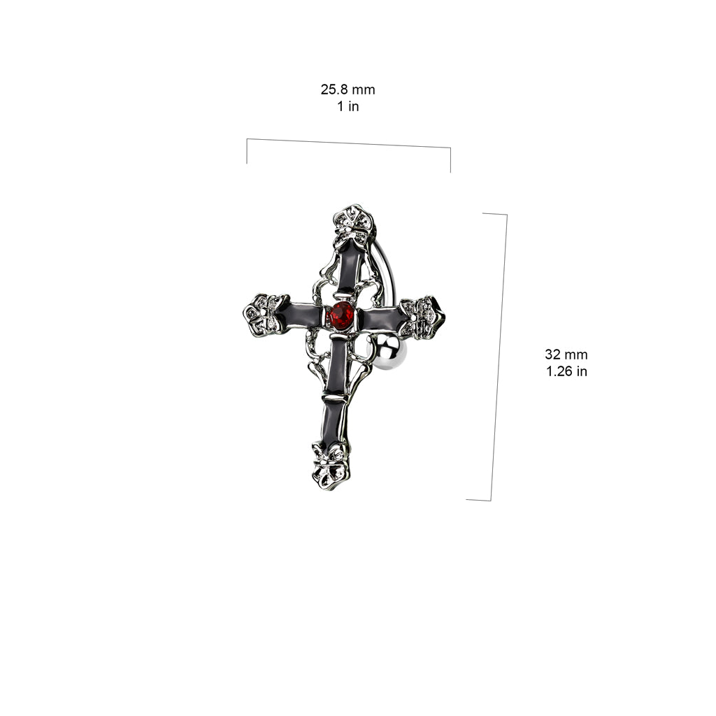 316L Surgical Steel Top Drop Navel Ring Black Enamel Colored Cross With Red Gem Center Belly Button Ring