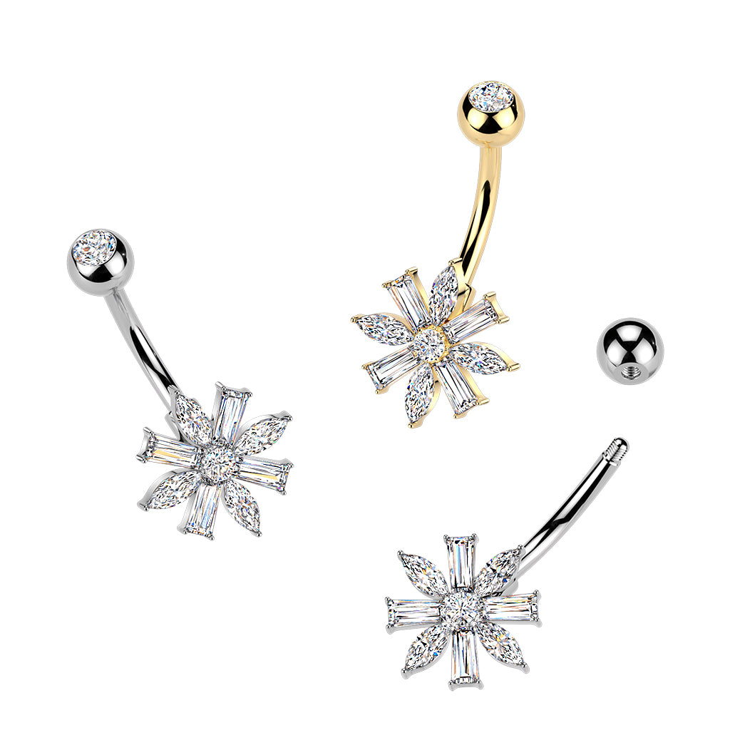 316L Belly Ring With Marquise & Baguette CZ Flower and Press Fit CZ Top