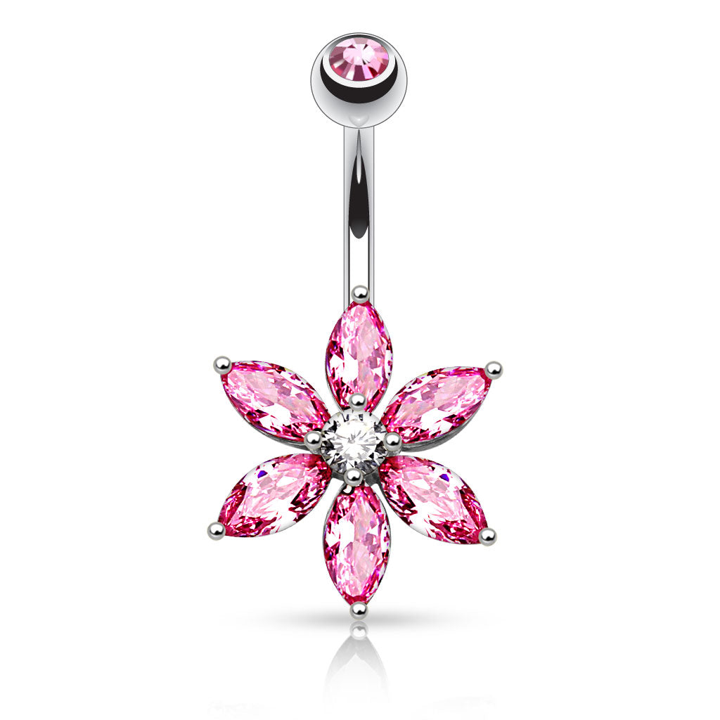 6 Marquise Cut CZ Petal Flower Belly Ring