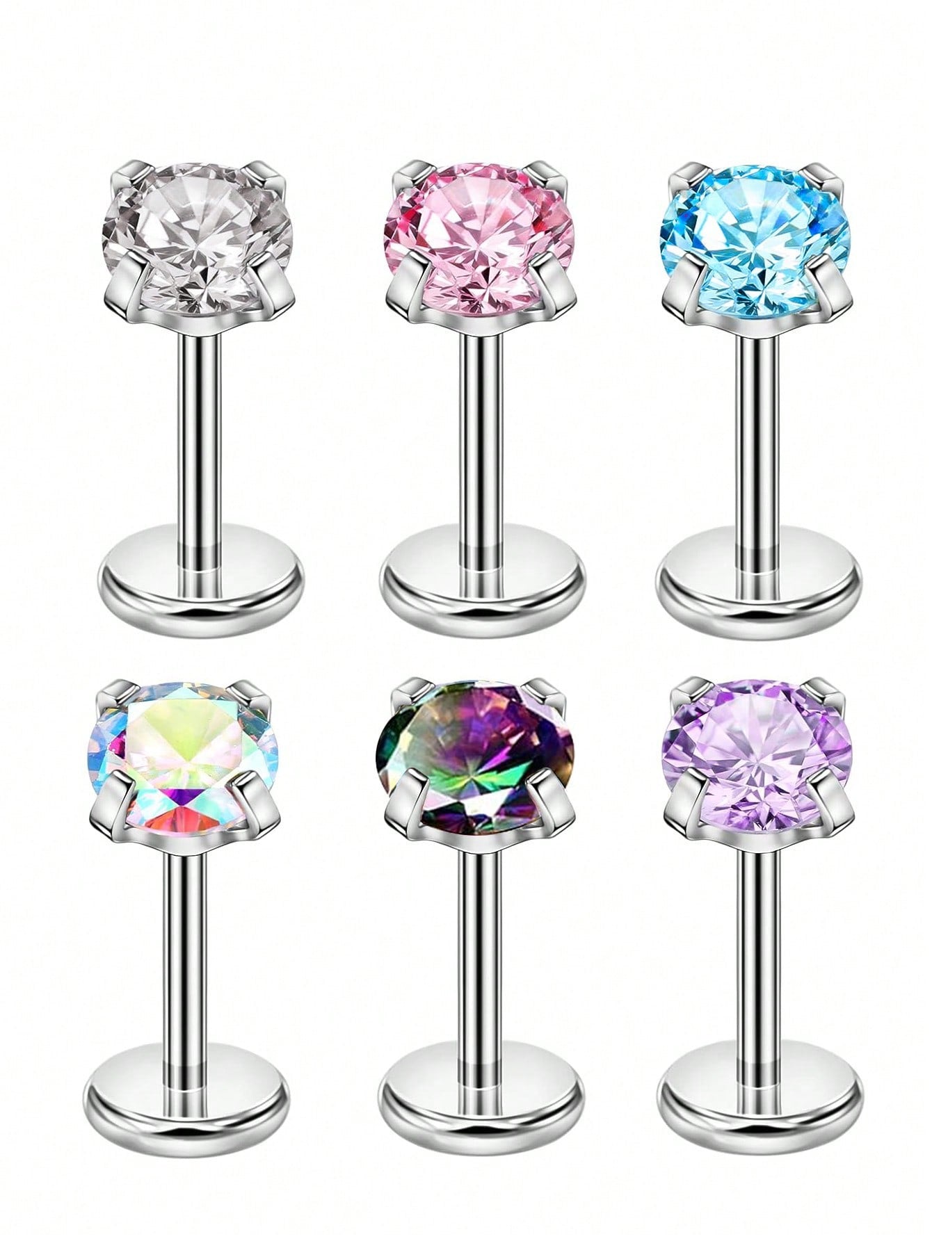 European And American Lip Stud Set 6pcs/Set Stainless Steel Round Shape 6-Color Zirconia Lip Studs With Secure Post