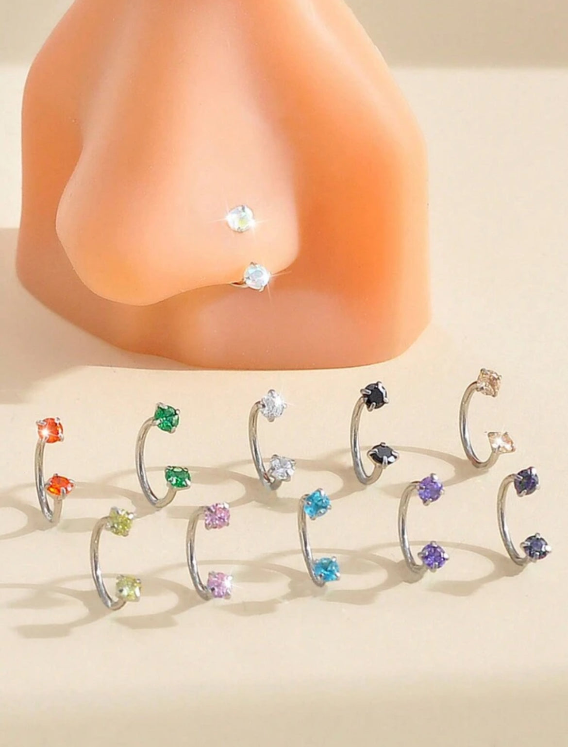 Fashionable And Simple Stainless Steel Material CZ Inlaid Detachable Women's C-Shaped Nose Ring Stud With Colorful And Elegant Body Piercing 1.0mm, Suitable For Birthday Gift, Festival Party, Vacation And Daily Wear.