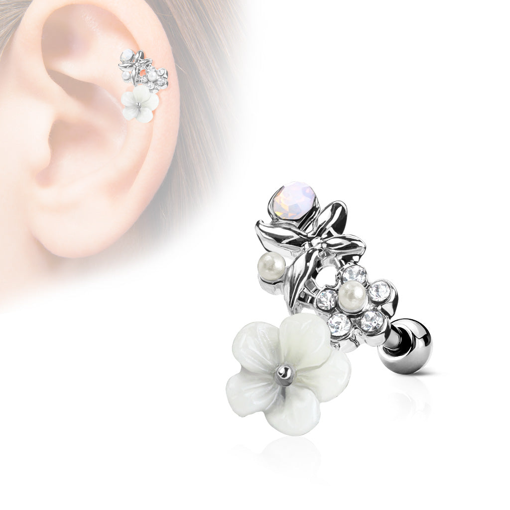 CZ and Clay Flowers Curve Top 316L Surgical Steel Ear Cartilage Barbell Studs