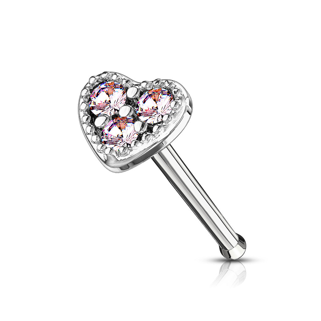 CZ Set Heart Top 316L Surgical Steel Nose Stud Rings