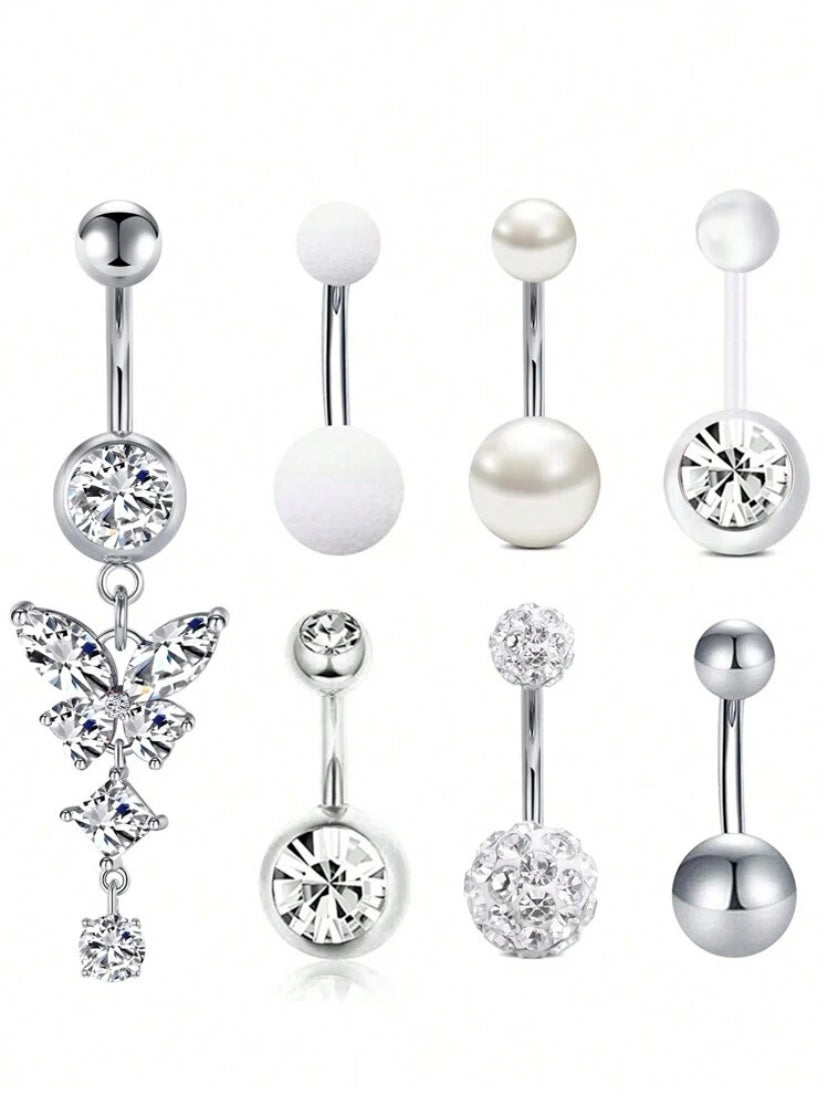 White Stone Butterfly & Cubic Zirconia Navel Ring Set Women Belly Piercing Jewelry