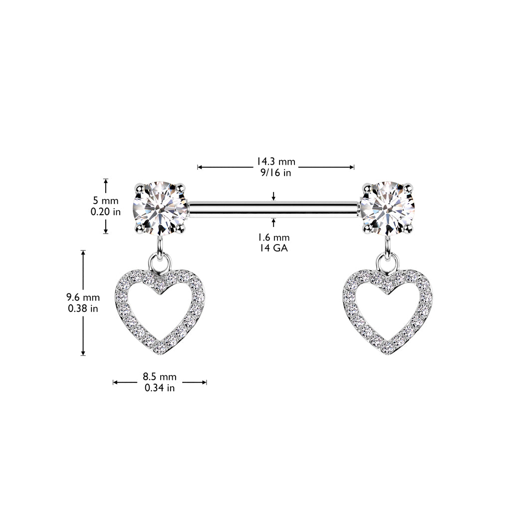 316L Surgical Steel Nipple Barbell With Round Prong Set CZ Ends and CZ Pave Hollow Heart Dangles #shop #pblb #new #heart #dangles