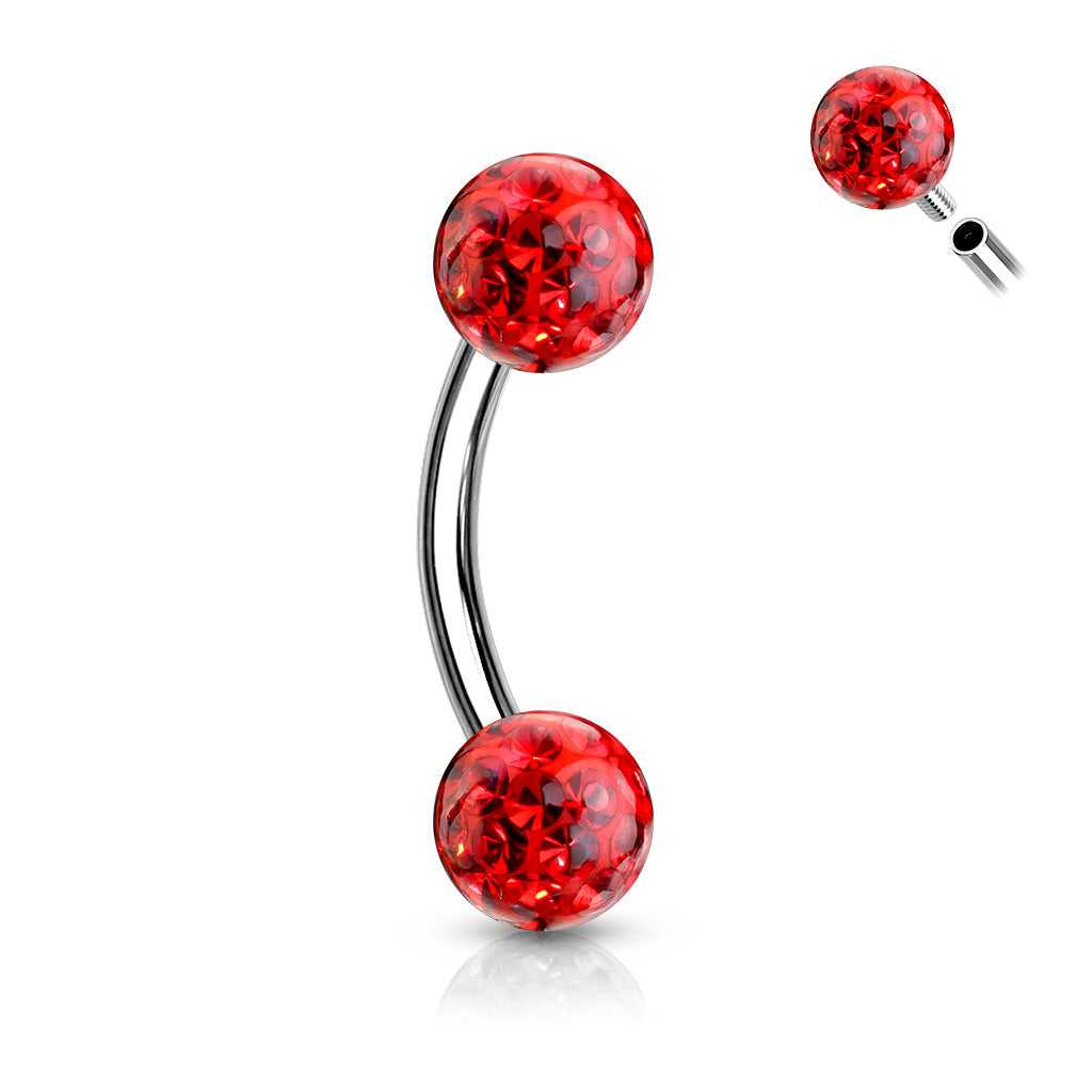 Internally Threaded 316L Surgical Steel Curved Eyebrow Barbells with Epoxy Covered Crystal Paved Balls