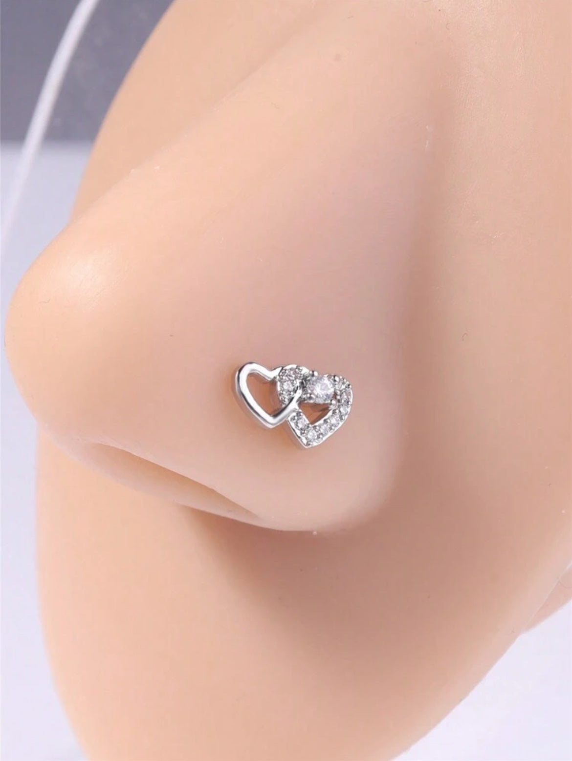 Double Heart L Shape Nose Stud Ring Inlaid Shiny L Pin Bone Nose Piercing Jewelry