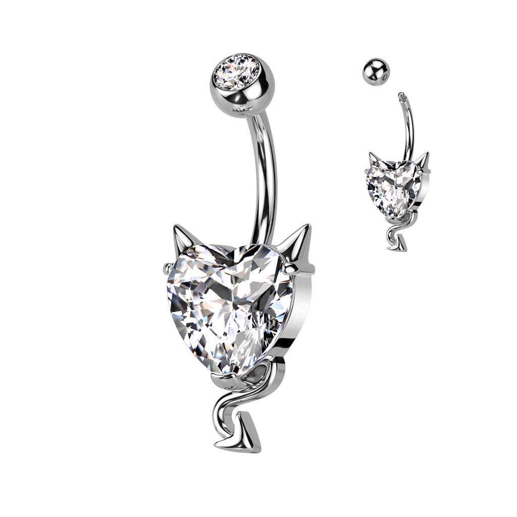 316L Surgical Steel CZ Heart With Devil Horns and Tail Belly Button Ring