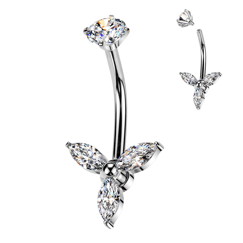 All 316L Surgical Steel Internally Threaded Marquise CZ Trinity Belly Button Ring With Round CZ Prong Set Top
