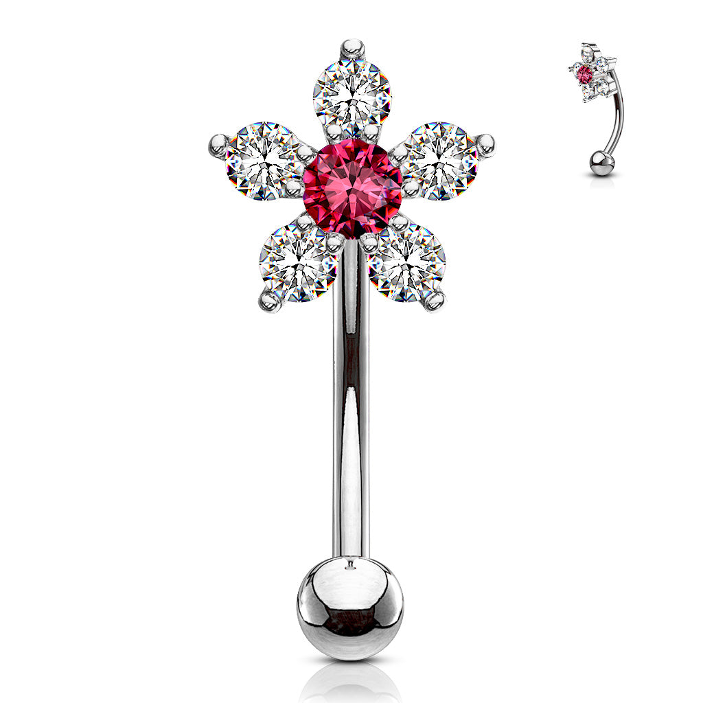 Double Tiered 6 CZ Flower 316L Surgical Steel Eyebrow Rings/ Curved Barbells