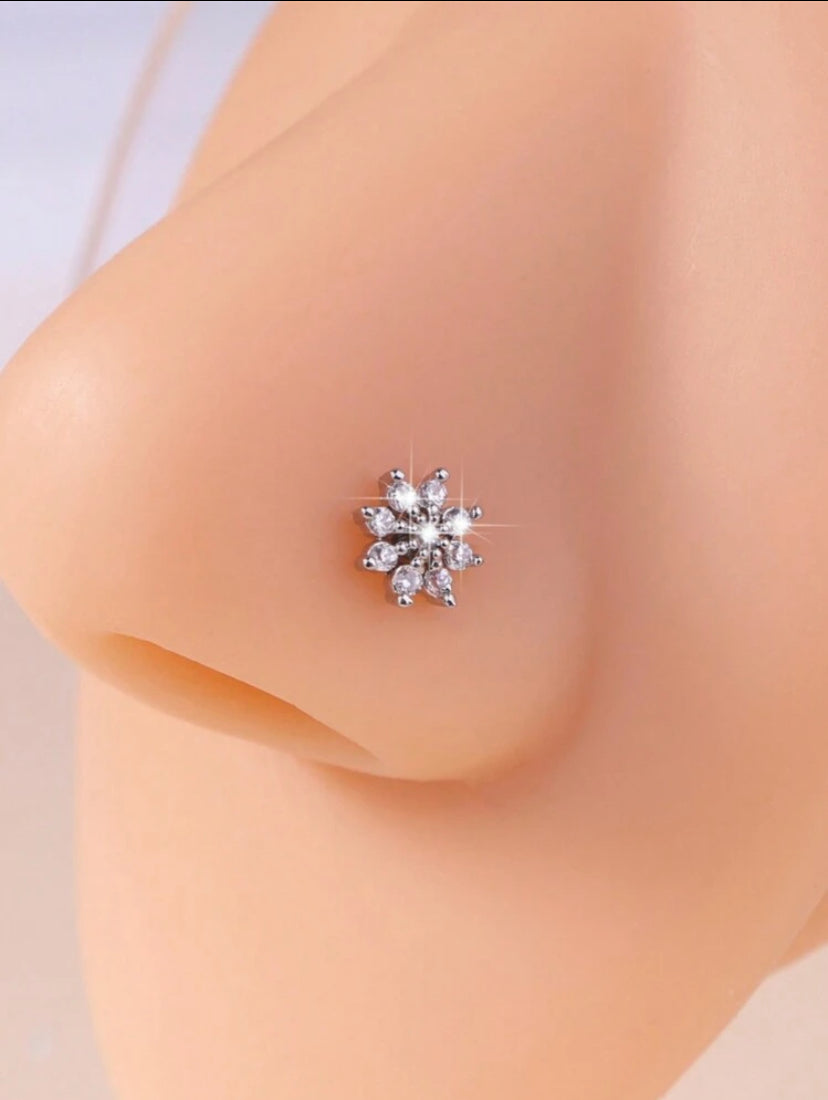 Cute Light Luxury Snowflake Style L Rod Nose Stud Inlaid Cubic Zirconia Nose Piercing Nose Stud Girl Jewelry