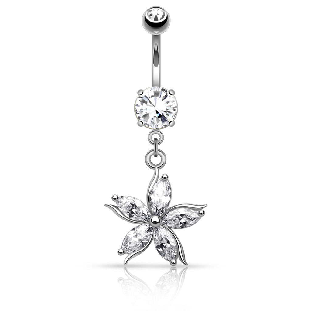316L Surgical Steel Flower W/ CZ Shard Petals Dangle Belly Button Ring