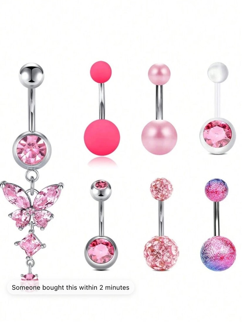 White Stone Butterfly & Cubic Zirconia Navel Ring Set Women Belly Piercing Jewelry