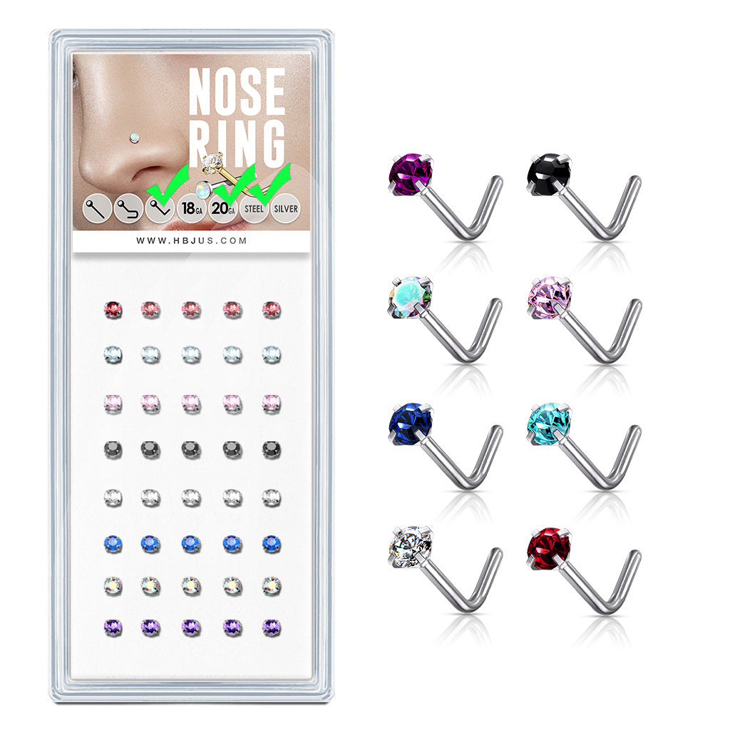 L Bend Prong Set Mixed Color CZ 316L Surgical Steel