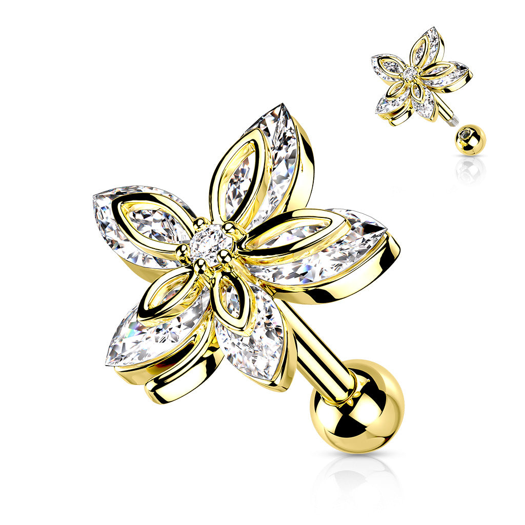 5 Marquise CZ Flower Top 316L Surgical Steel Cartilage, Tragus Barbell Studs