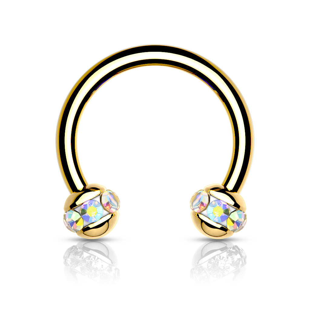 Crystals Paved Around ball Gold PVD Over 316L Surgical Steel Horseshoes for Ear Cartilage, Daith, Eyebrow, Nose Septum and More