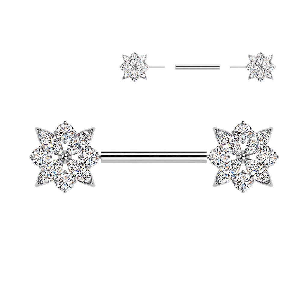 316L Threadless Push In CZ Cluster With CZ Flower Center Nipple Barbell (SET)