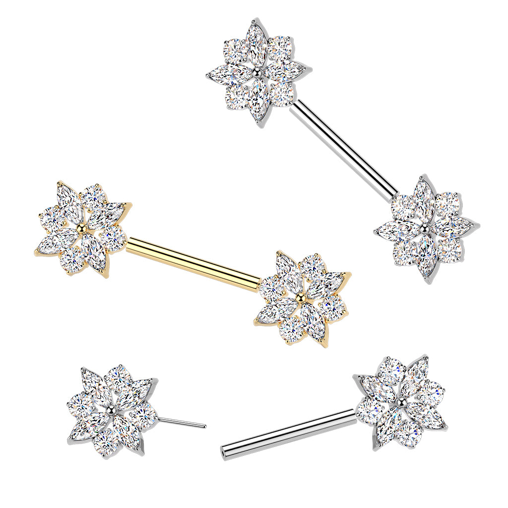 316L Threadless Push In CZ Cluster With CZ Flower Center Nipple Barbell (SET)