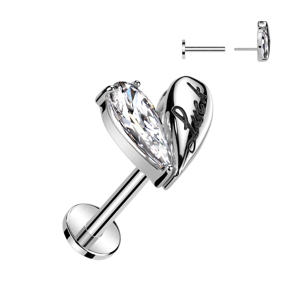 316L Surgical Steel Threadless Push In Labret With Half CZ Heart Top