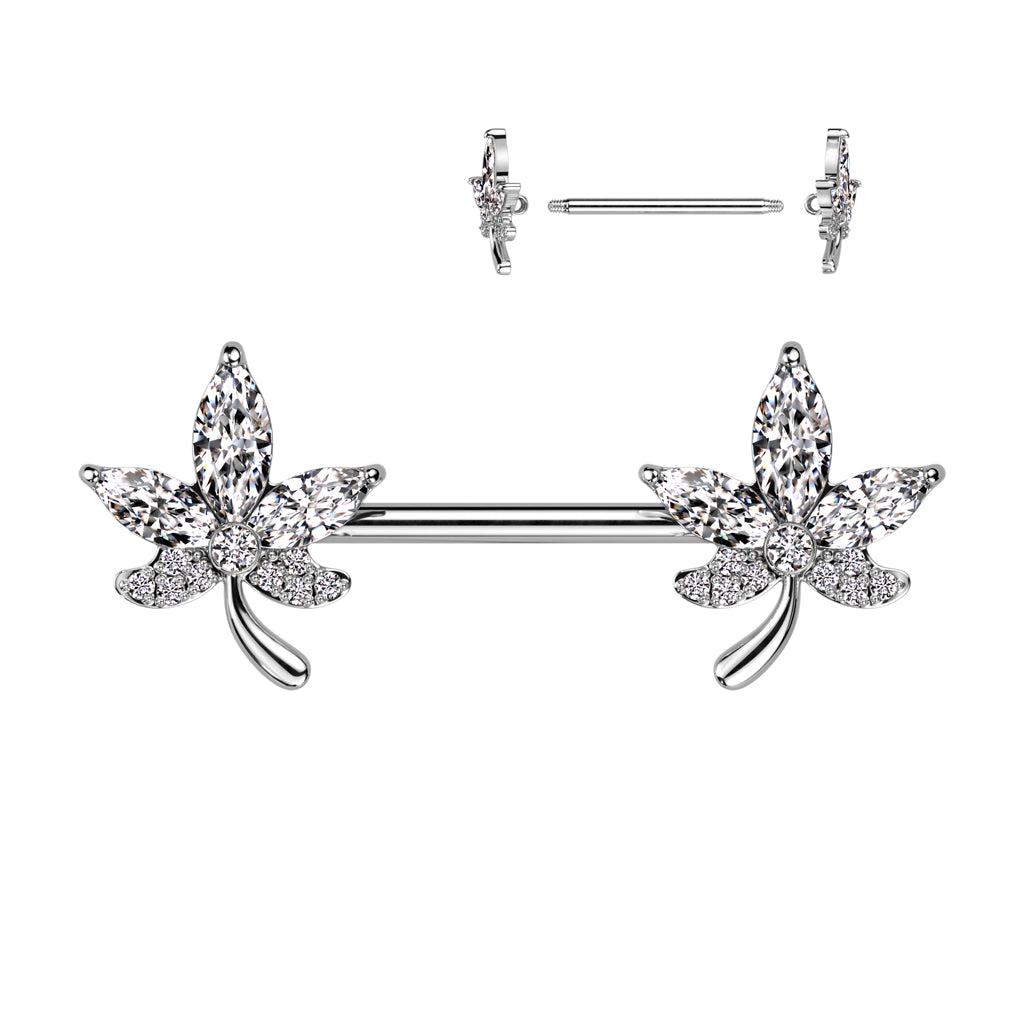 316L Surgical Steel Nipple Barbell With CZ Leaf Ends