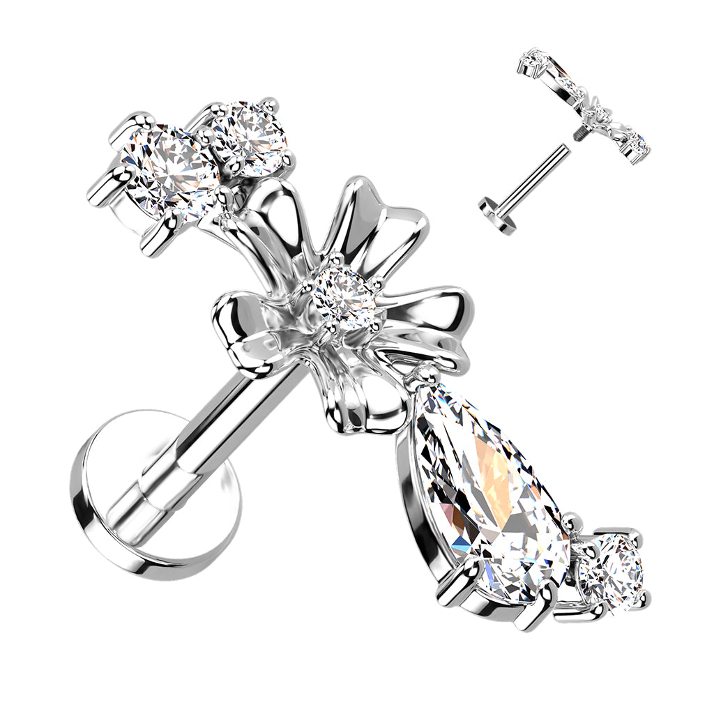 CZ Center Flower with CZ Vine Internally Threaded 316L Surgical Steel Flat Back Stud for Labret, Monroe, Cartilage and More
