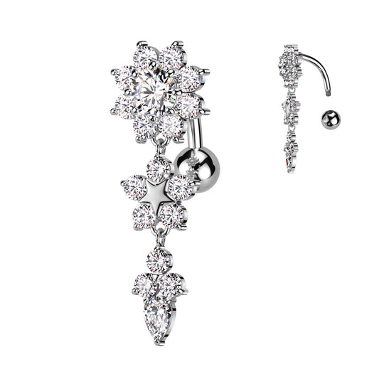 316L Surgical Steel Double Flower Top Drop Dangle Belly Button Ring