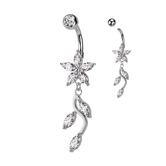 5 Marquise CZ Flower With Vine Dangle 316L Surgical Steel Belly Button Ring