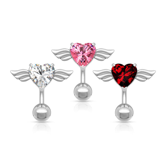 Angel Winged 8mm Heart CZ with Top Down 316L Surgical Steel Navel Rings