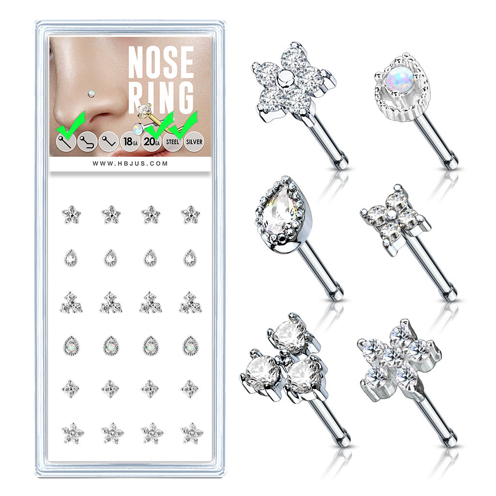 Mixed Styles 20ga 316L Surgical Steel Nose Stud Rings