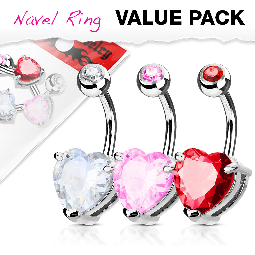 Heart CZ Prong Set 316L Surgical Steel Belly Button Navel Ring