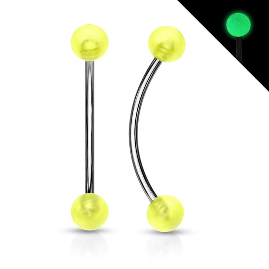 316L Surgical Steel Curved Barbell with Glow in the Dark Ball Ends for Snake Eye Piercing and More