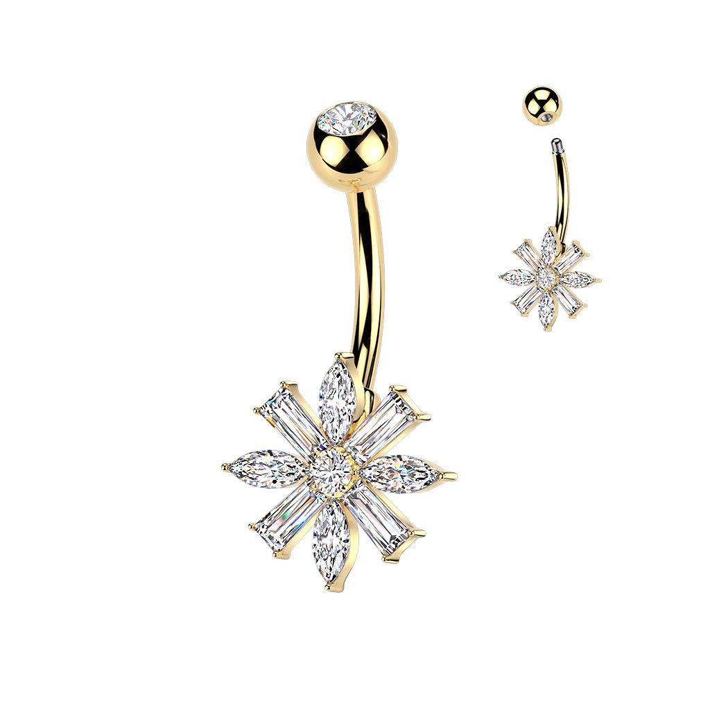 316L Belly Ring With Marquise & Baguette CZ Flower and Press Fit CZ Top